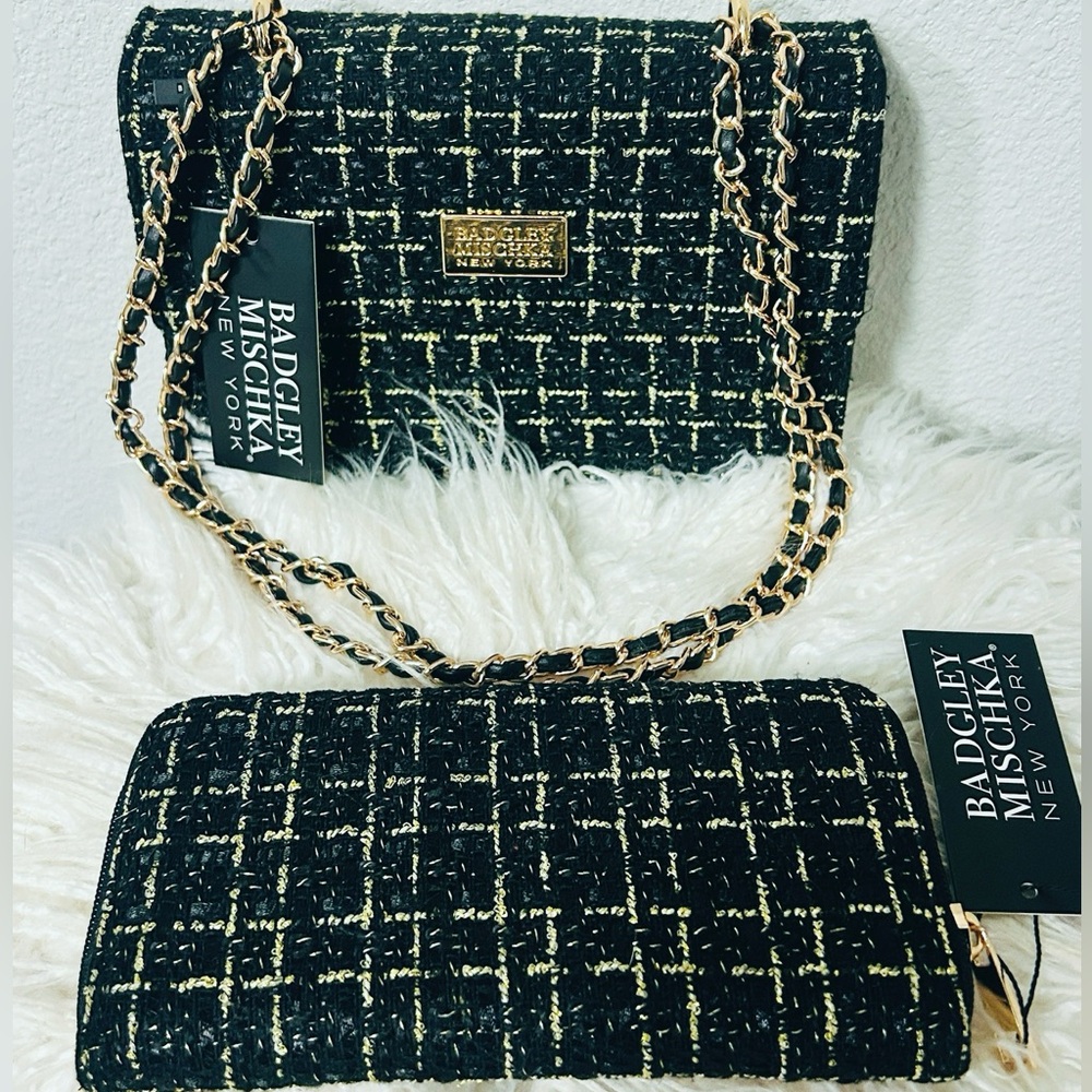 Badgley Mischka Black and Gold Tweed Bag & Wallet Matching Set NWT - Picture 2 of 9